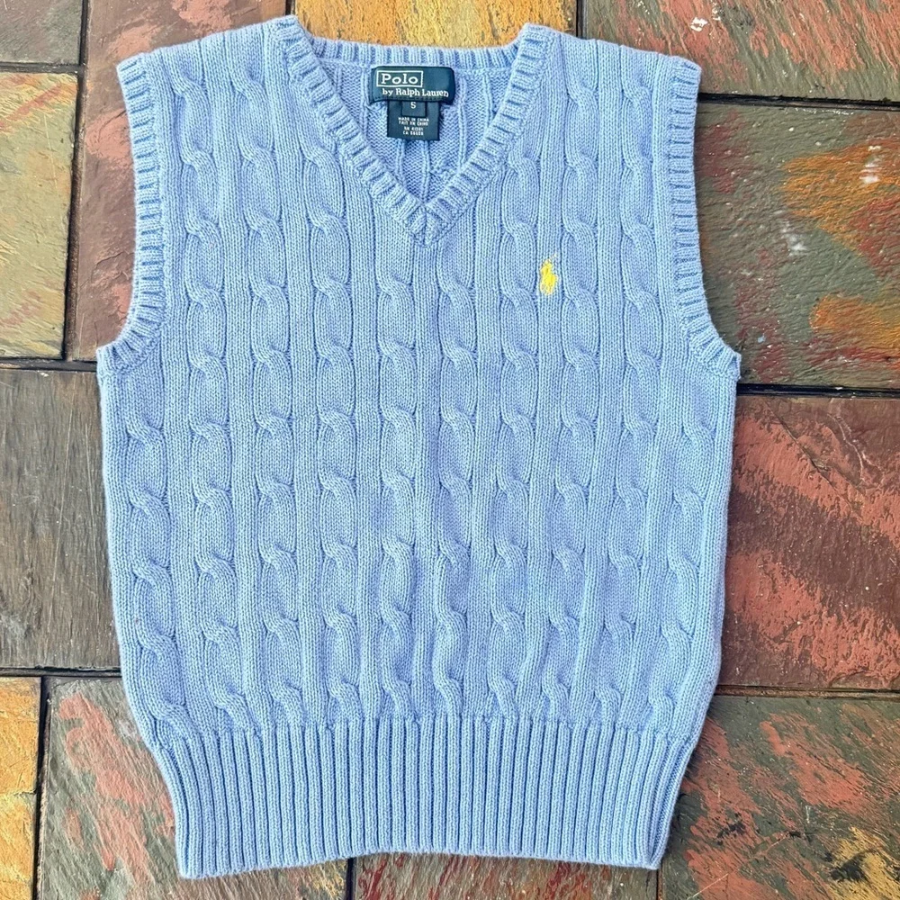 Polo Ralph Lauren Boys' Cable Knit Light Blue Cotton Sweater Vest Size 5